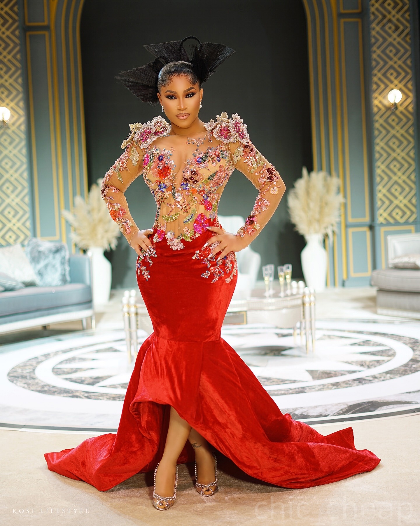 Red Mermaid Prom Dresses 2025 Floral Lace Velvet Sheer Neck Evening Formal Party Second Birthday Engagement Gowns Plus Size Dress For Special Occasion