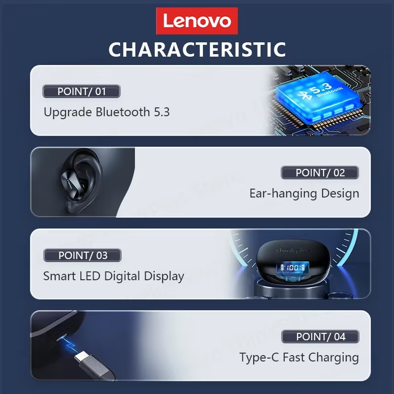 Lenovo Original LP75 TWS Bluetooth 5.3 Headphones Wireless Music Earphones LED Digital Display Noise Reduction Game Earbuds New