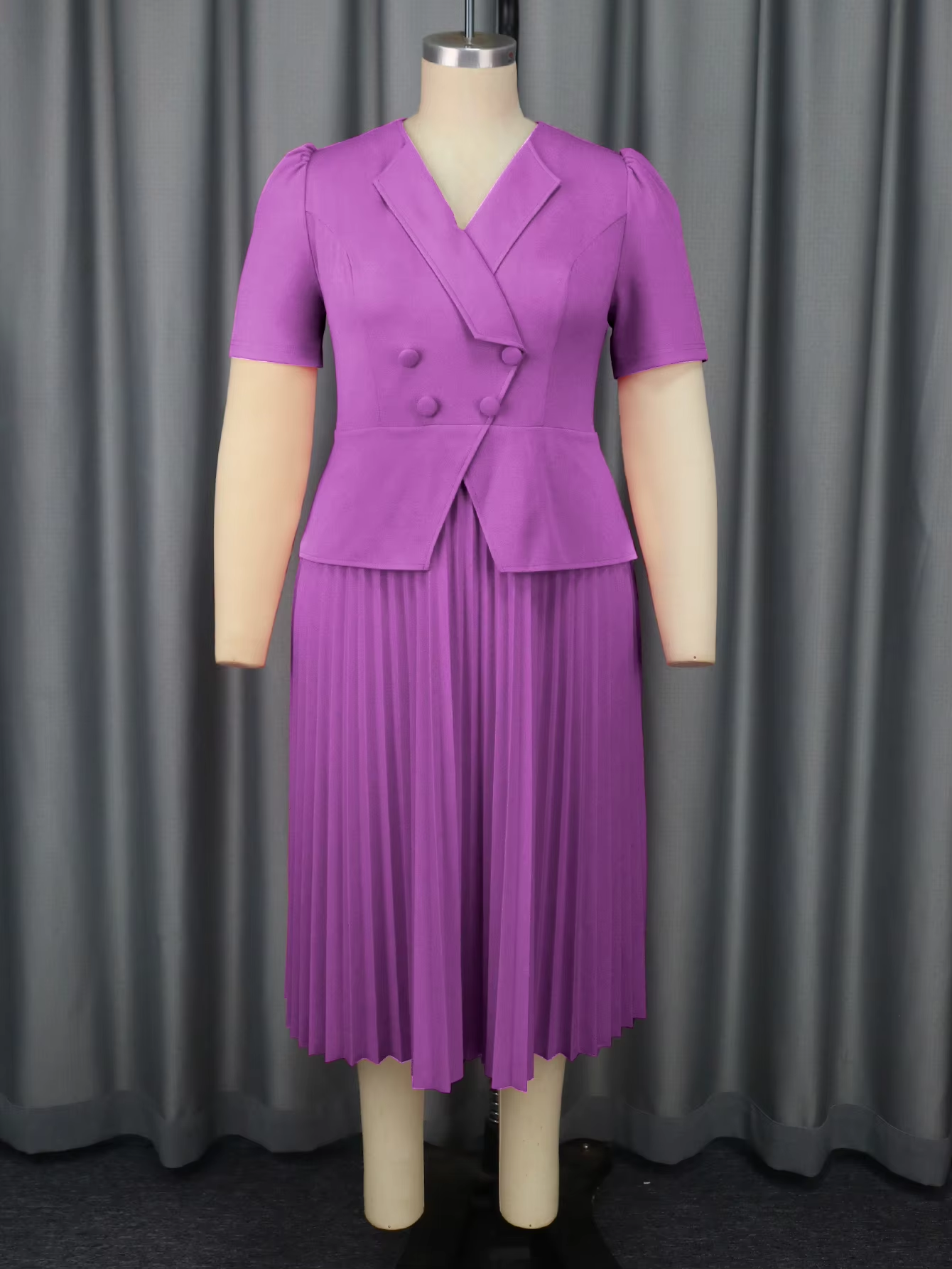 Formal Plus Size Women Career Summer a Line Pleated Wholesale Short Sleeves Lapel Collar Dress AM040922