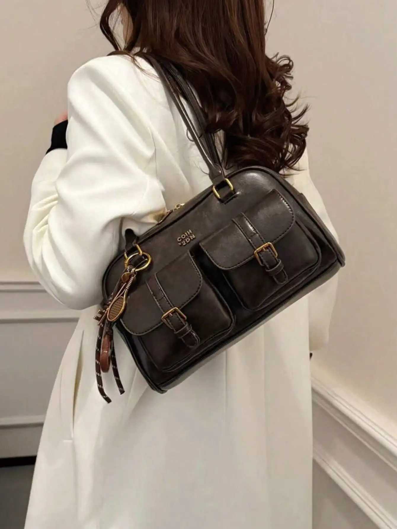 Vintage Brown Tote Bag for Women Crossbody Shoulder Bag with Metal Buckles Keychain Stylish Spacious Daily Purse Y250626