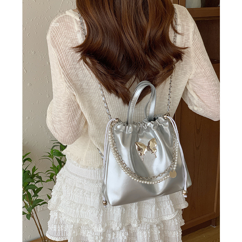 New Fashion trend Silver Butterfly Women's Fashion Trend Korean Pearl Chain Backpack Designer Multi functional Women's Handbag