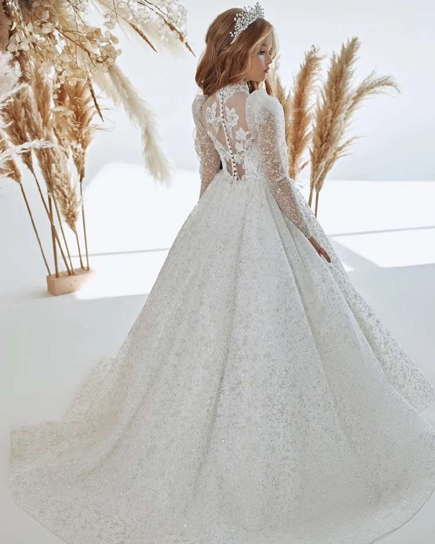 Sparkle Lace Flower Girl Dress Bows Childrens First Communion Dress Princess Tulle Ball Gown Wedding Party Dress