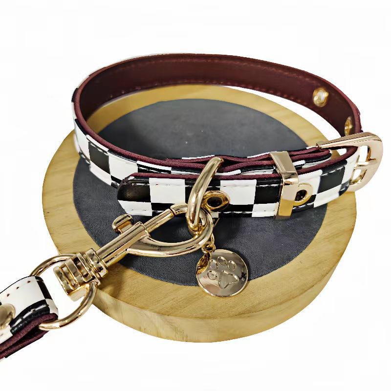 Dog Collar and Leash Set, Classic Black White Plaid Dog Leather Collar with Dog Claw Charm, Dog Leash Tangle Free, Adjustable Collars for Small Medium