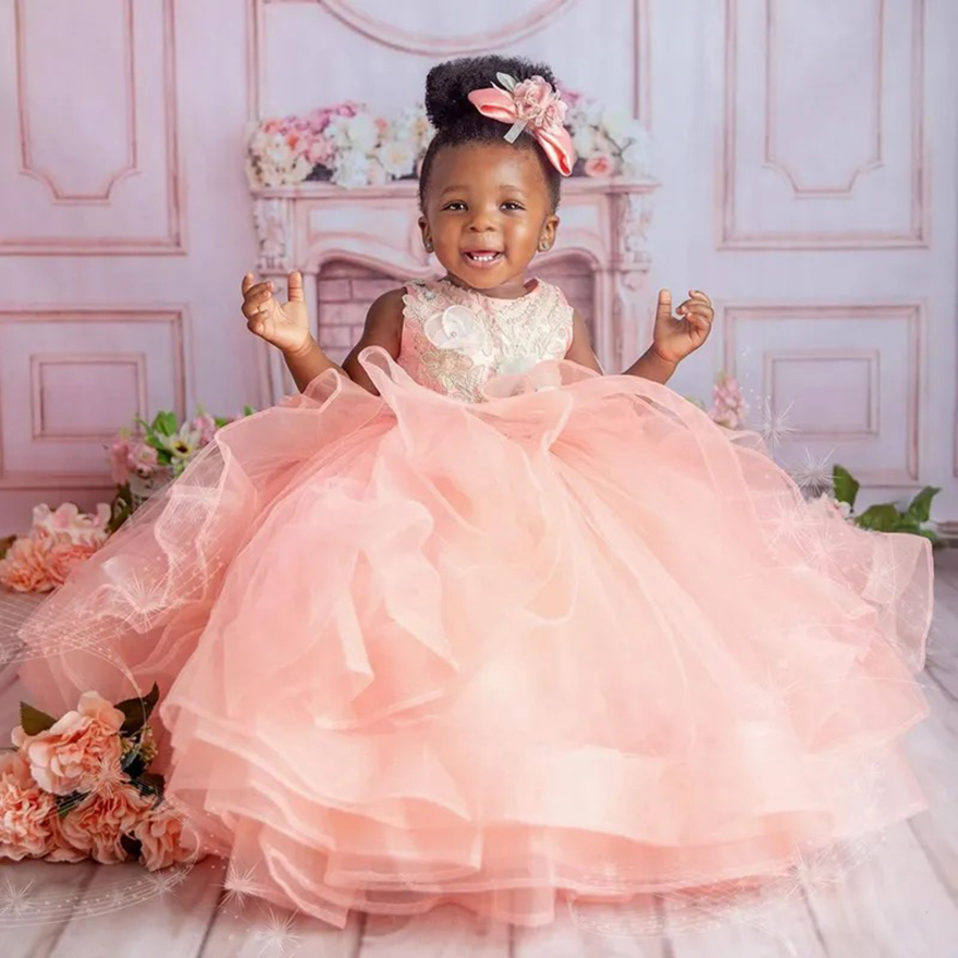 2025 Nude Pink Flower Girl Dresses Children Birthday Dress Illusion Sheer Neck Appliqued Beads Lace Rhinestones Tiered Tulle Princess Ball Gown For Ma