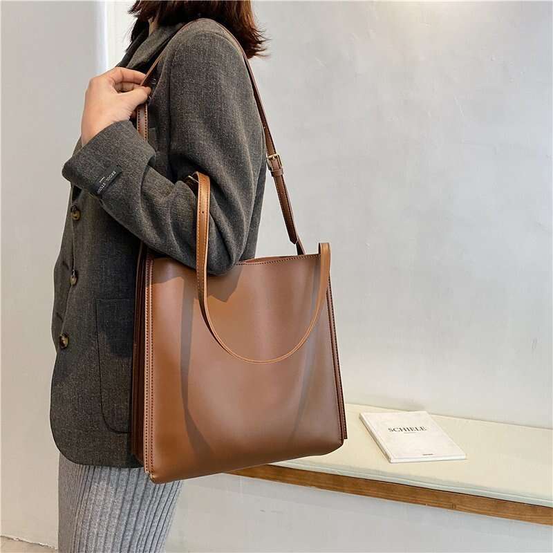 Vintage Minimalist Large Capacity Faux Leather Shoulder Tote Bag