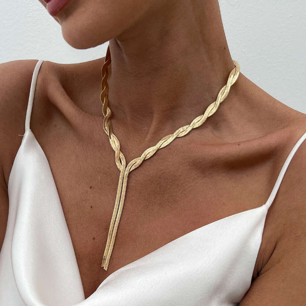 Adjustable Y Shaped Serpentine Necklace Minimalist Long line Chain with Personalized Engraving Gold and White K