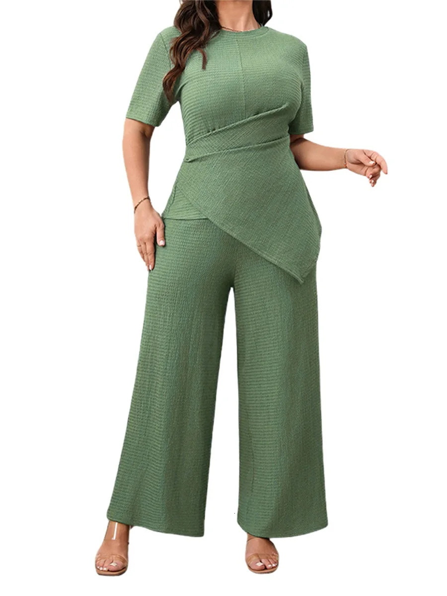 Women Plus Size Outfits Summer 4XL Fat Girl Casual Solid Color Irregular TShirts and Elastic Wide Leg Pants Set Streetwear 250516Z