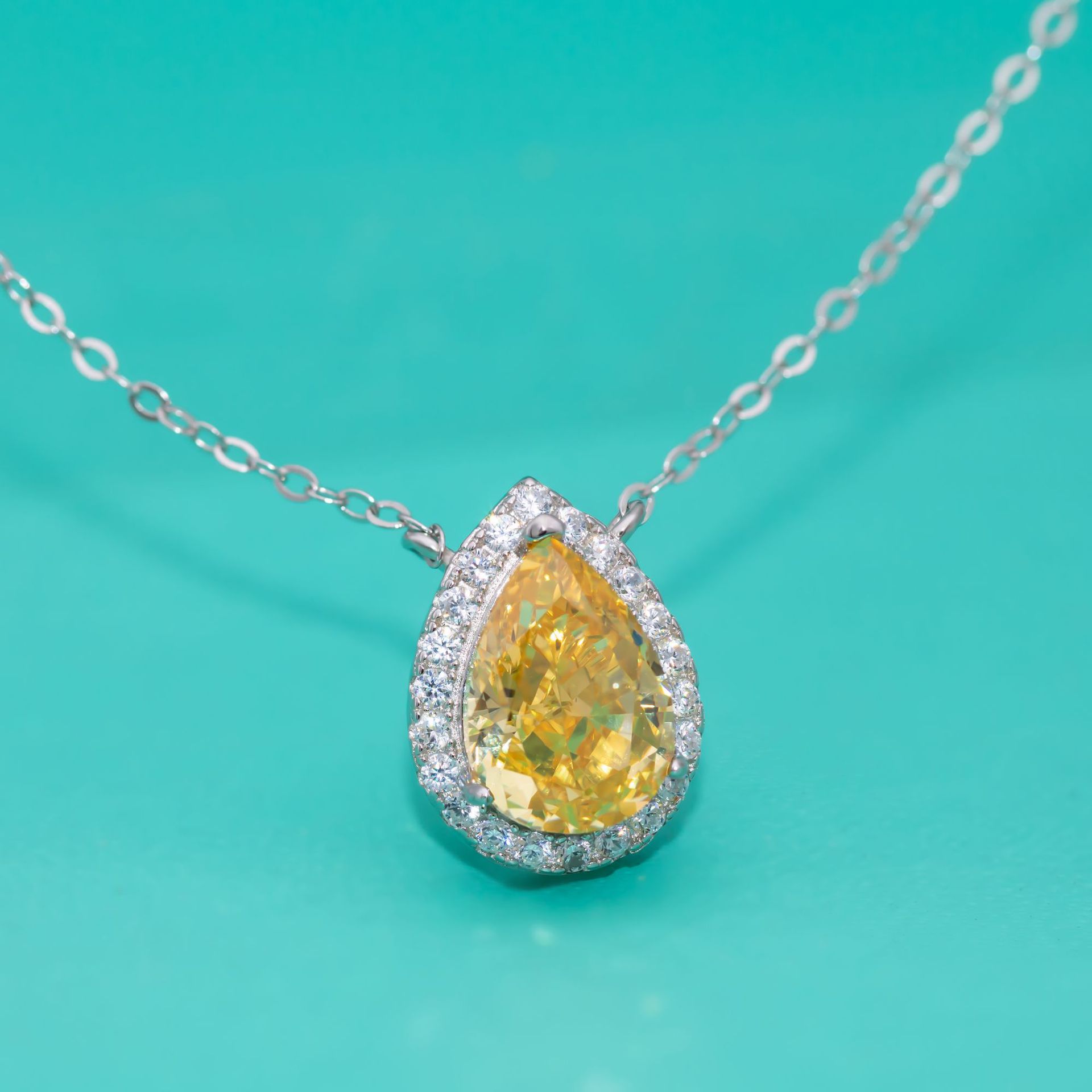 Teardrop Yellow Diamond Necklace, S925 Sterling Silver High Carbon Diamond Pendant, Minimalist Elegant Design, Fashionable Women's Clavicle Chain