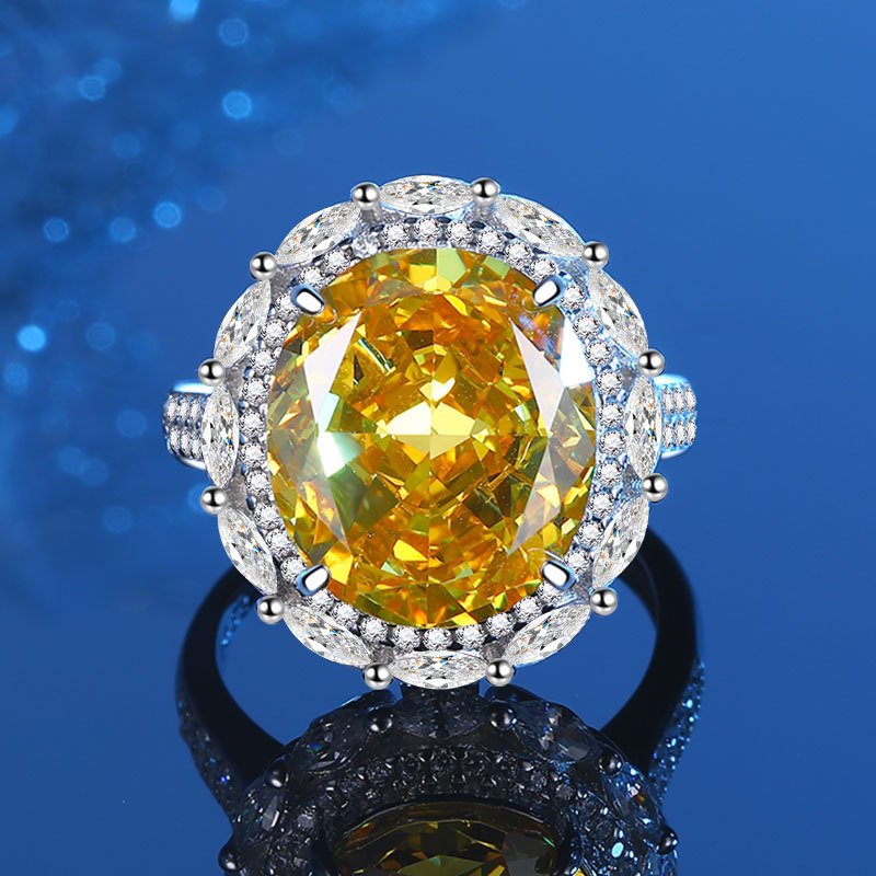 S925 Sterling Silver Ice Flower Cut Yellow High Carbon Diamond Ring, Fashionable Adjustable Open Band Design, Luxury Diamond Jewelry for Women