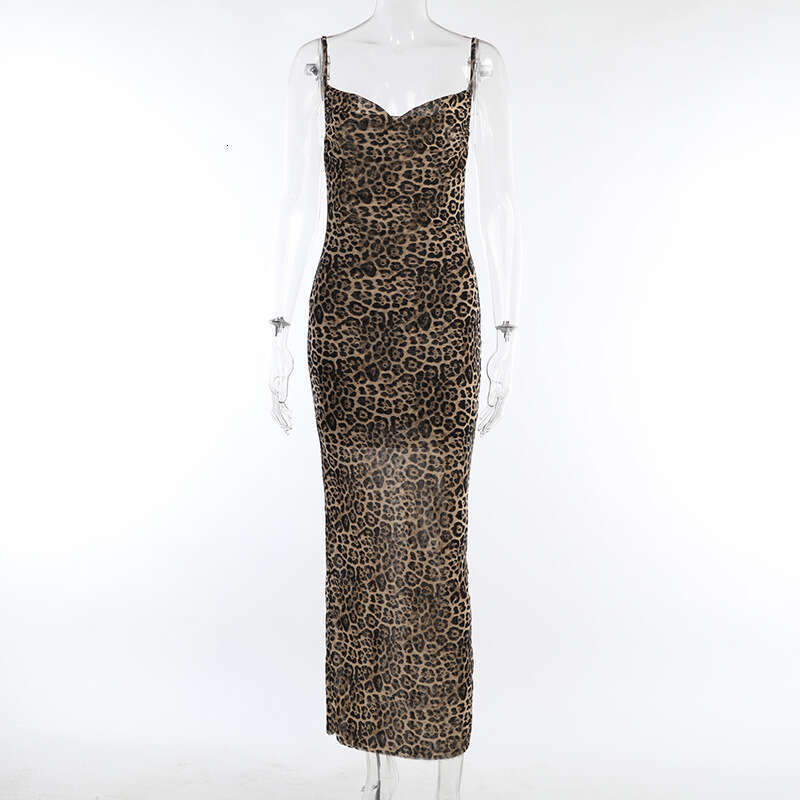 Halter Whit Maxi Dresses CF Summer New Style Backless Long Spicy Girl Sexy Slim Fit Leopard Pattern Swinging Necklace Dress Female Prom Sexy Dress