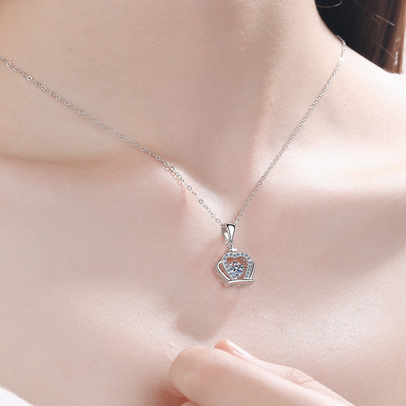 Sterling Silver Heart Crown Pendant Necklace with Dazzling Center Stone
