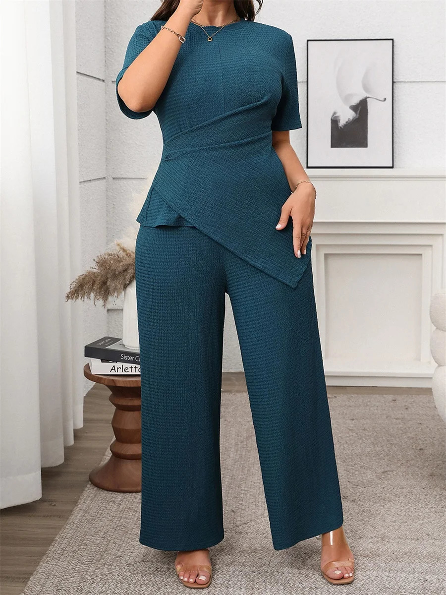 Women Plus Size Outfits Summer 4XL Fat Girl Casual Solid Color Irregular TShirts and Elastic Wide Leg Pants Set Streetwear 250516Z