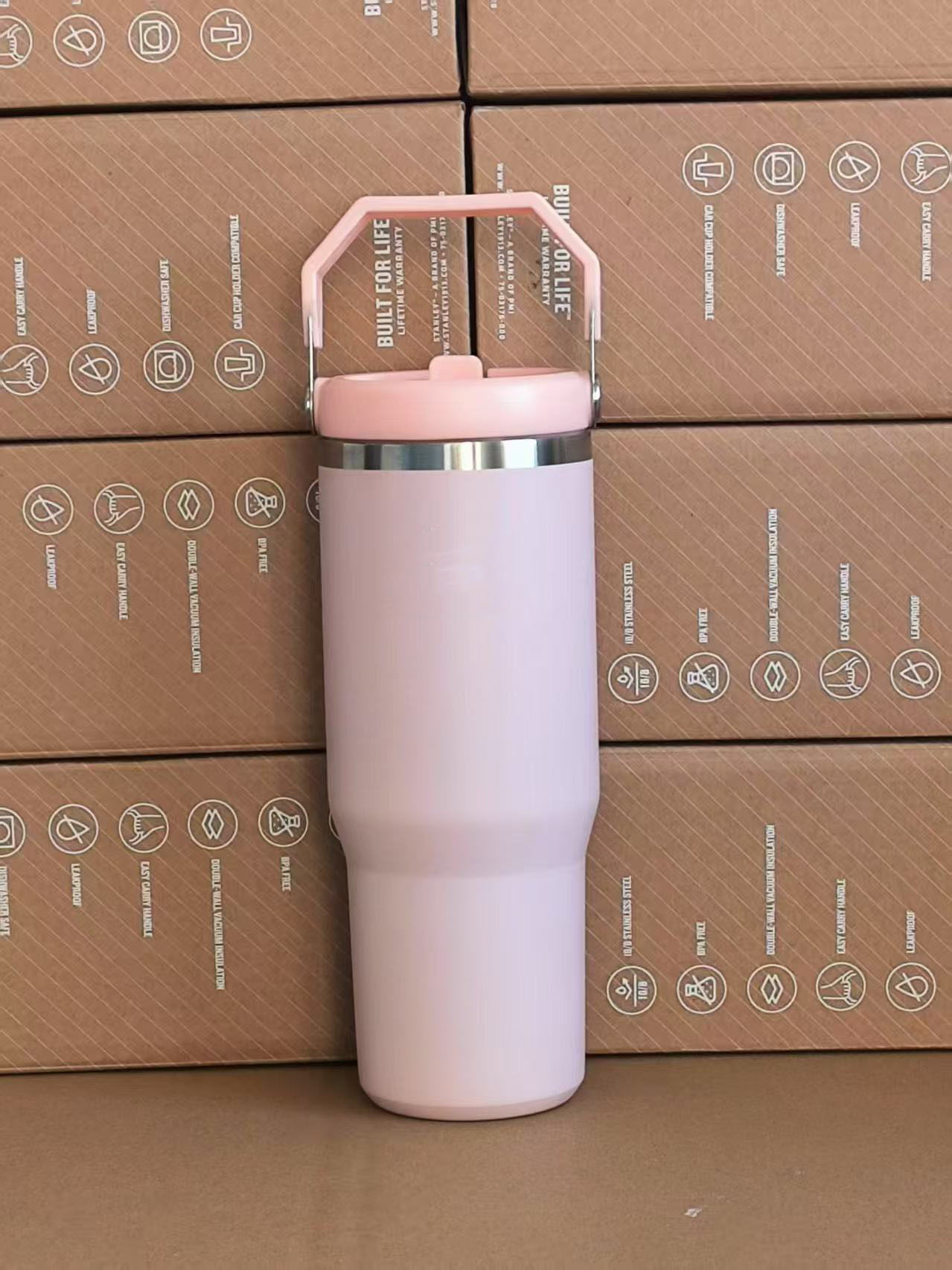 Customize Logo 30oz Reusable Flip Straw Tumblers with Handle Lid Stainless Steel Beer Mug Insulated Travel Coffee Mug for DIY
