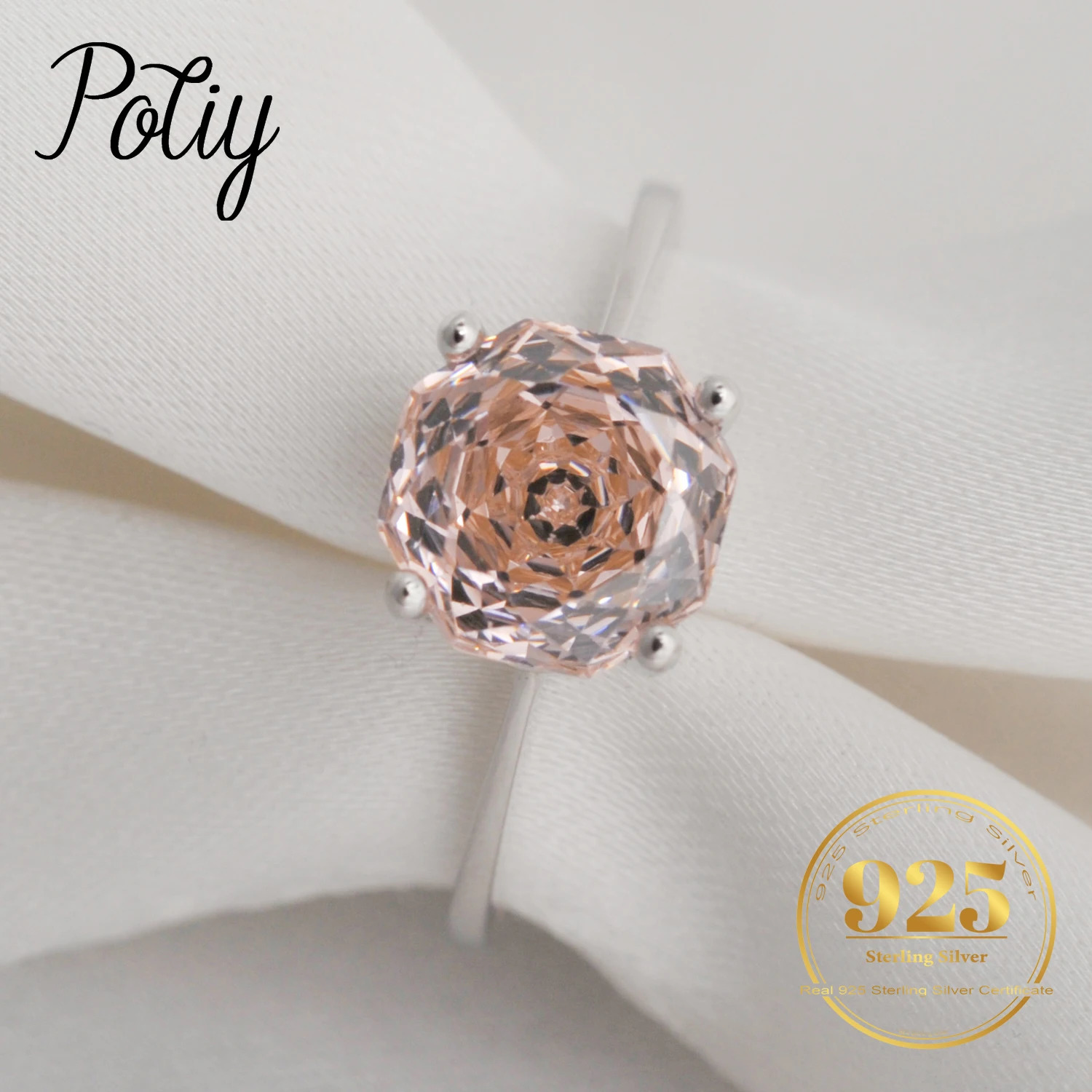 Potiy 2ct Octagon Rose Cut Morganite Pink Cubic Zirconia Solitaire Ring 925 Sterling Silver Jewelry Gift for Women with 250604