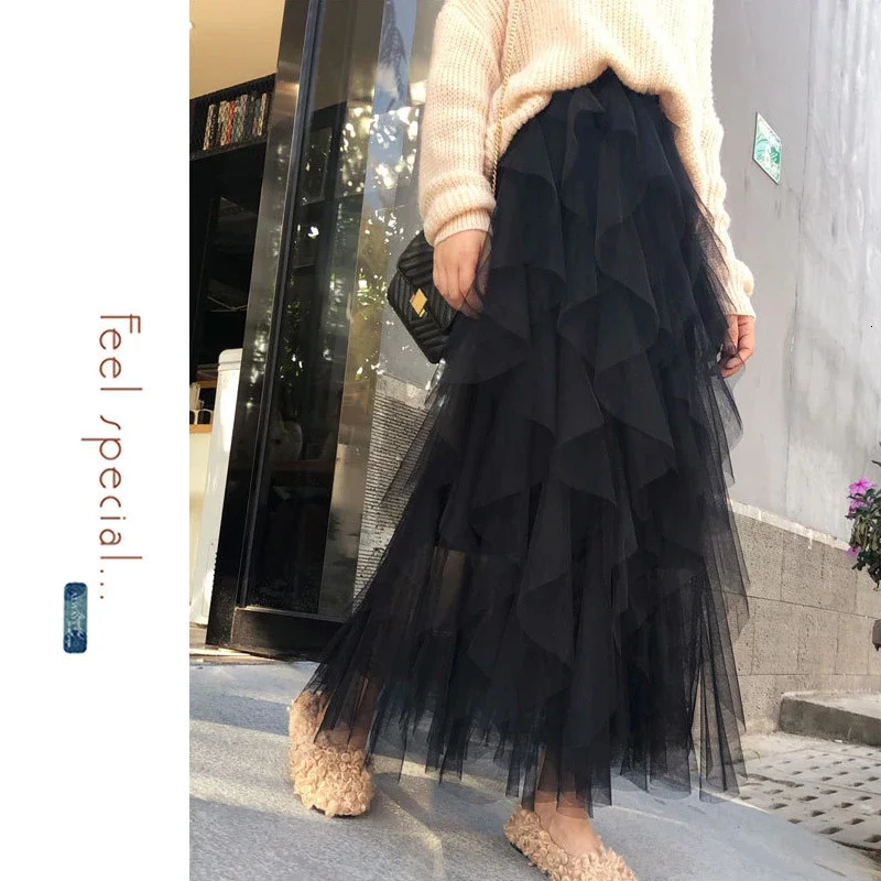 Womens Elastic High Waist Tulle Mesh Irregular Tutu Skirt Summer Girls Party Older Kid Girl Pleated Long Midi Skirts 250513Z