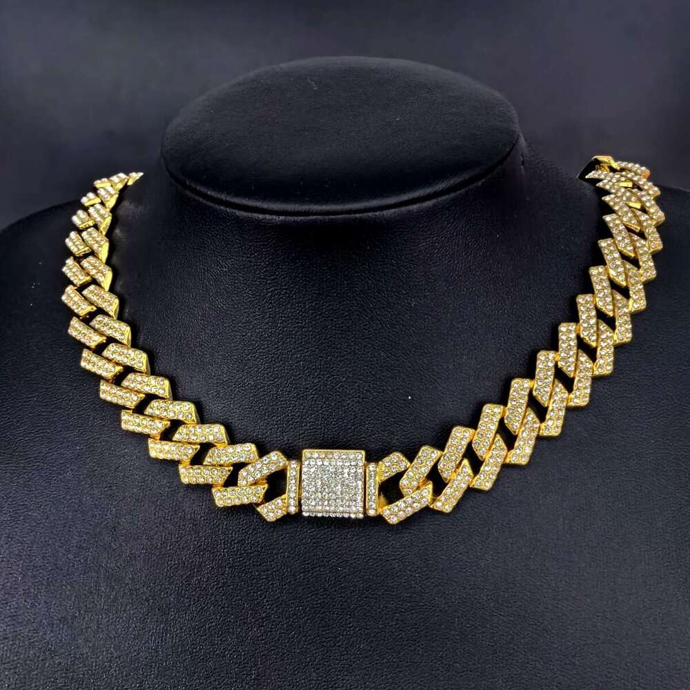 Cuban New 15mm Flap Full Set Dia Hip Hop Style Bracelet Necklace Large Gold Chain