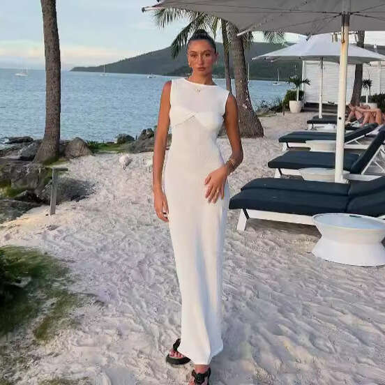 Halter Whit Maxi Dresses Sleeveless Tight Fitting Long Skirt Round Neck Knitted Solid Color Beach Summer Dress Women S Clothing Prom Sexy Dress