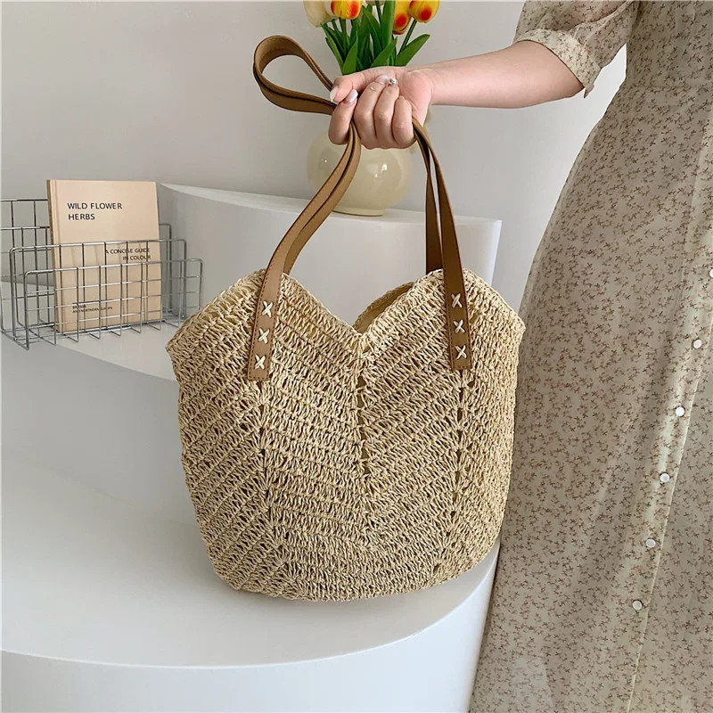 Summer Straw Bags for Women Straw Shoulder Bags Rattan Woven Top Handle Bag Hollow Raffia Crochet Beach Bag Casual Handbags 250521