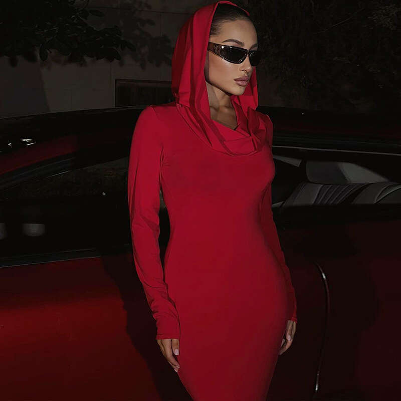 Halter Whit Maxi Dresses Wind Women S Clothing Autumn New Product Fashionable Temperament Solid Color Slim Fit Hooded Long Sleeved Dress Prom Sexy Dre