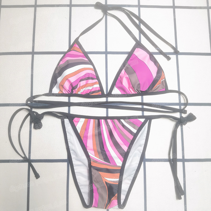 Women Sexy Striped Swimwear Designer Push Up Bra Brief Bikini Set Brand Letters Green Swimsuit Summer Beach Resort Pool Party Bikinis