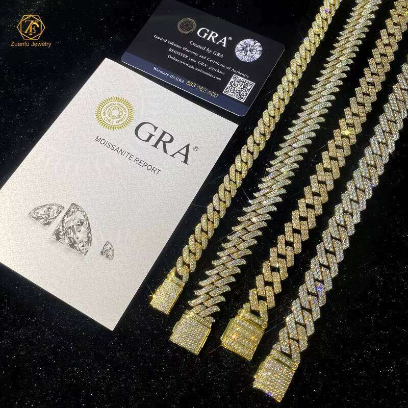 Sterling Sier Gold Plated Miami Link Lab Dia Moissanite Iced Out Cuban Chain Necklace Hip Hop Jewelry
