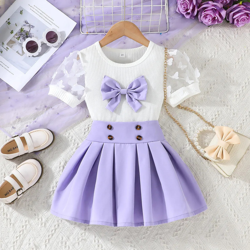 Kid Girl Puff Tulle Sleeve Bow Blouse and Elastic Pleated Skirt Summer Outfit Toddler Infant Clothing Set Kids Wear Ootd 250517z