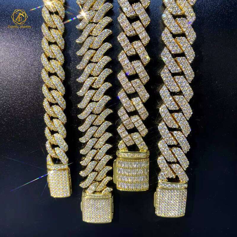 Sterling Sier Gold Plated Miami Link Lab Dia Moissanite Iced Out Cuban Chain Necklace Hip Hop Jewelry