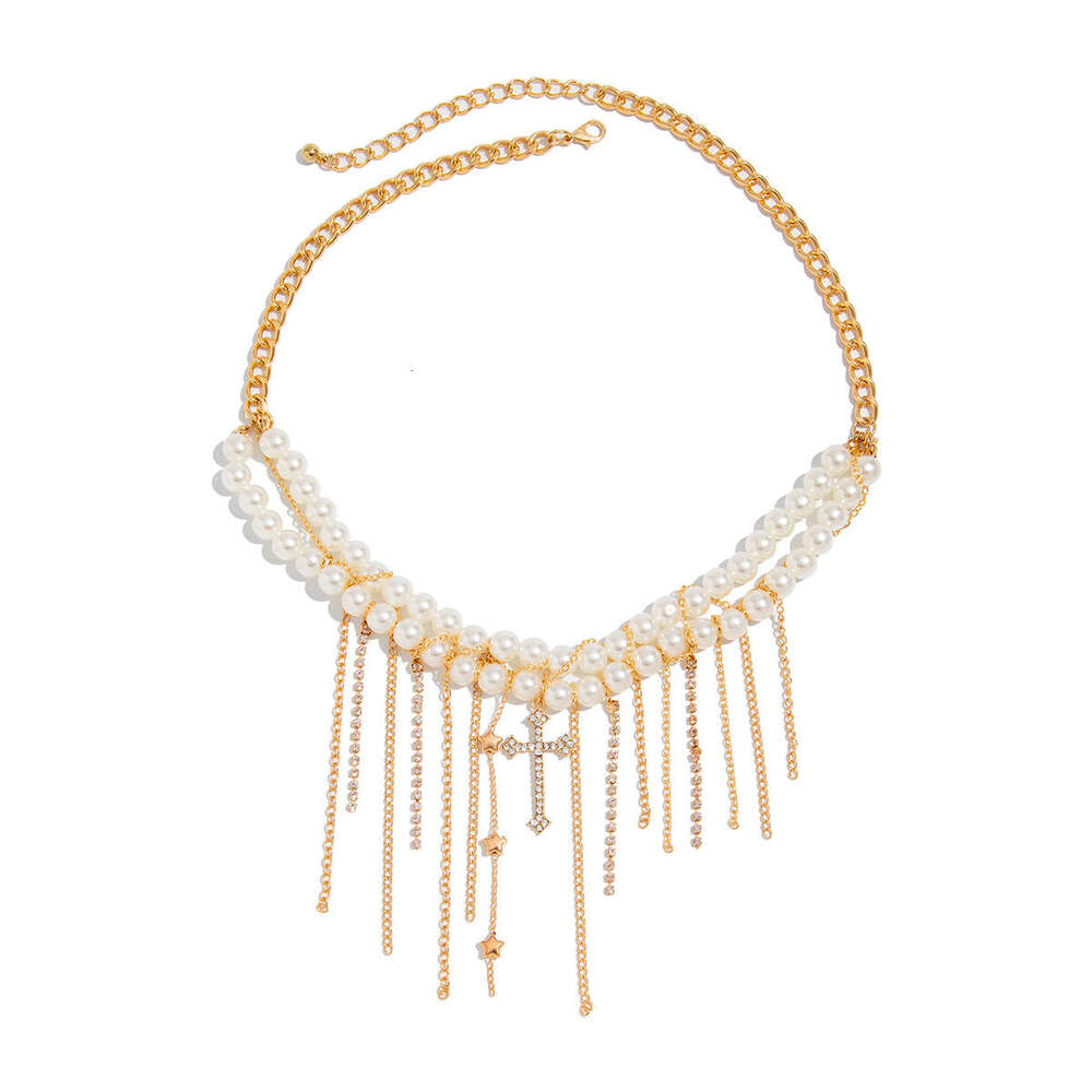 Layered Cross Pendant Necklace with Pearl Tassel Accents Modern Minimalist Collarbone Chain for Stackable Jewelry Looks
