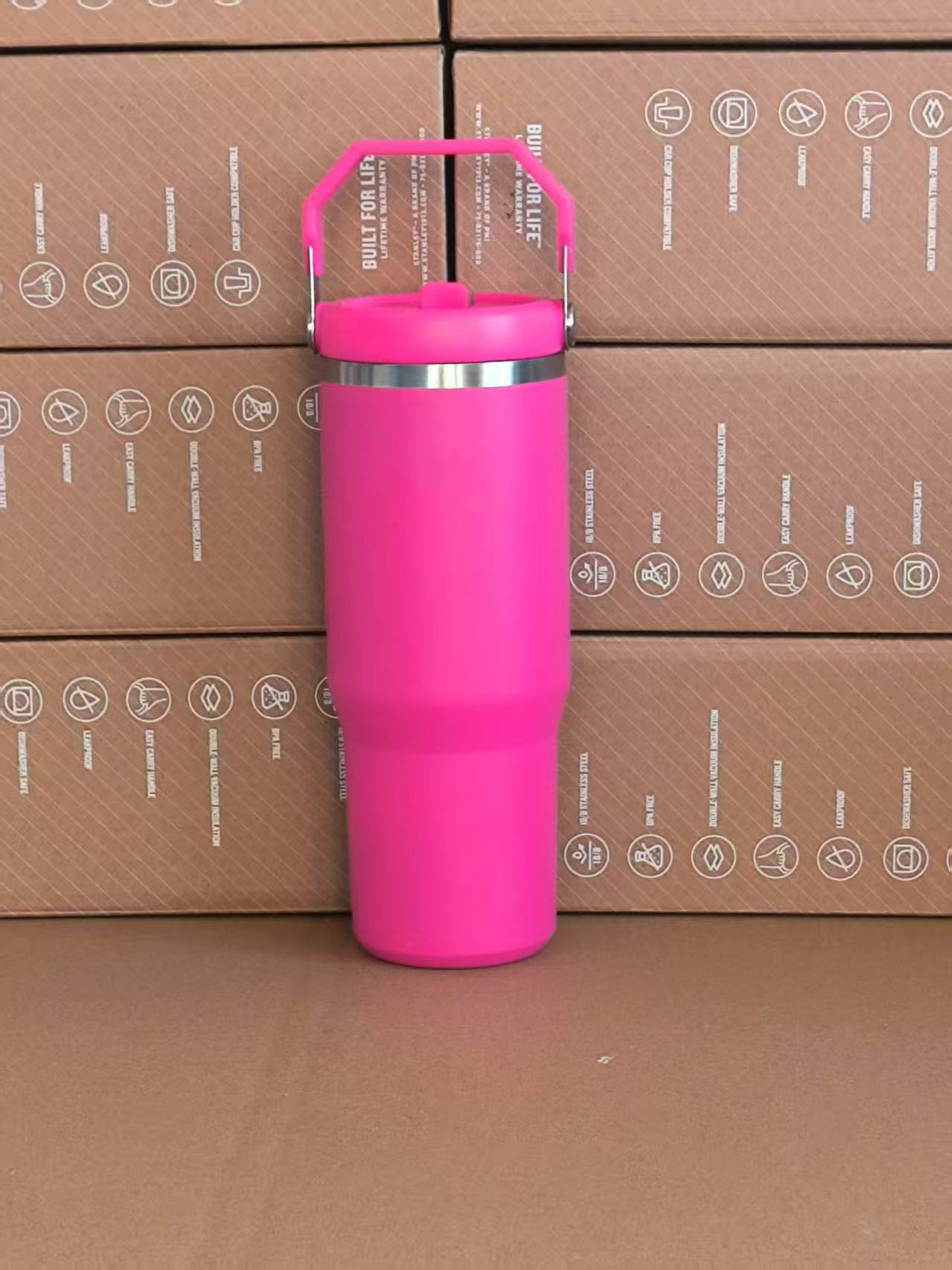 Customize Logo 30oz Reusable Flip Straw Tumblers with Handle Lid Stainless Steel Beer Mug Insulated Travel Coffee Mug for DIY