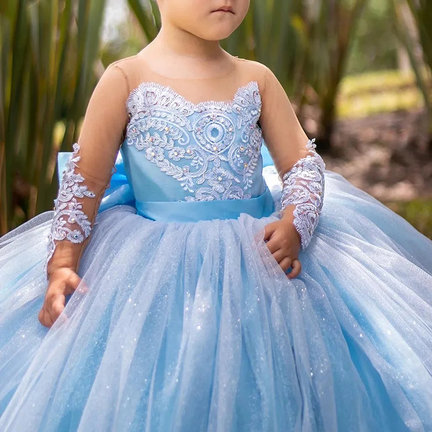 Lace Appliques Flower Girl Dresses For Wedding Full Sleeves Princess First Communion Dress Toddlers Long Birthday Party Gowns