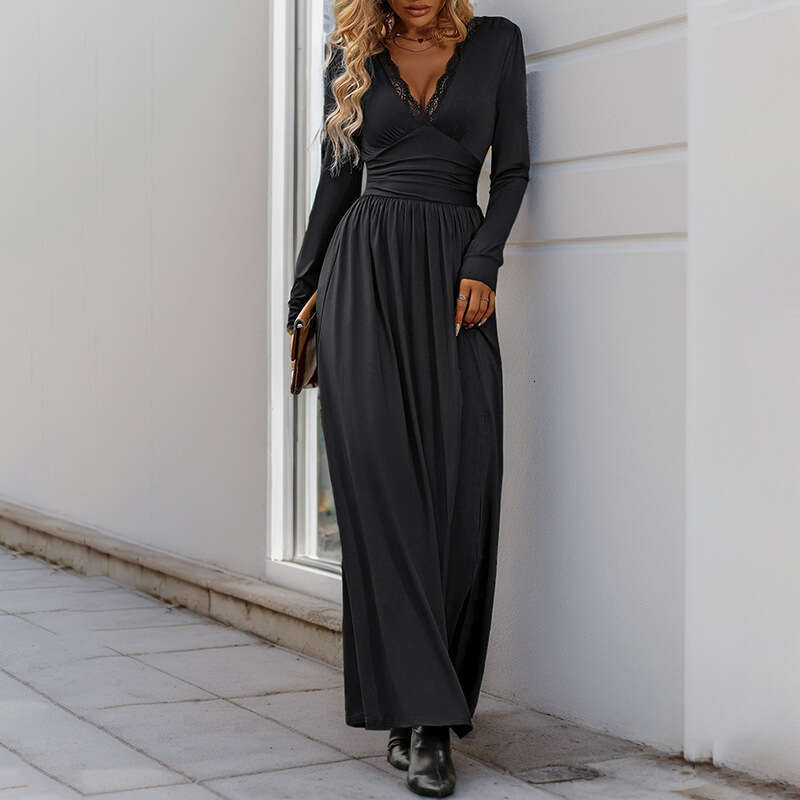 Halter Whit Maxi Dresses Evening Commuting Elegant And Sexy Temperament Solid Color Lace V Neck Slim Fit Dress Prom Sexy Dress