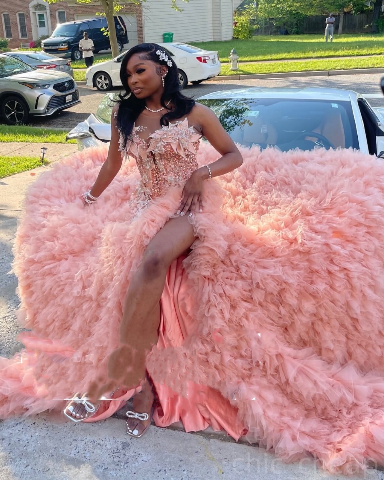 Mermaid Blush Pink Prom Dresses 2025 Crystals Florals Lace Tiers Evening Formal Party Second Birthday Engagement Gowns Plus Size Dress For Special Occ