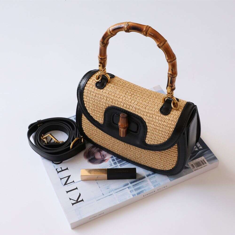 2025 genuine leather splicing grass woven shoulder crossbody bag casual bamboo section fashionable women's bag bamboo handle bags