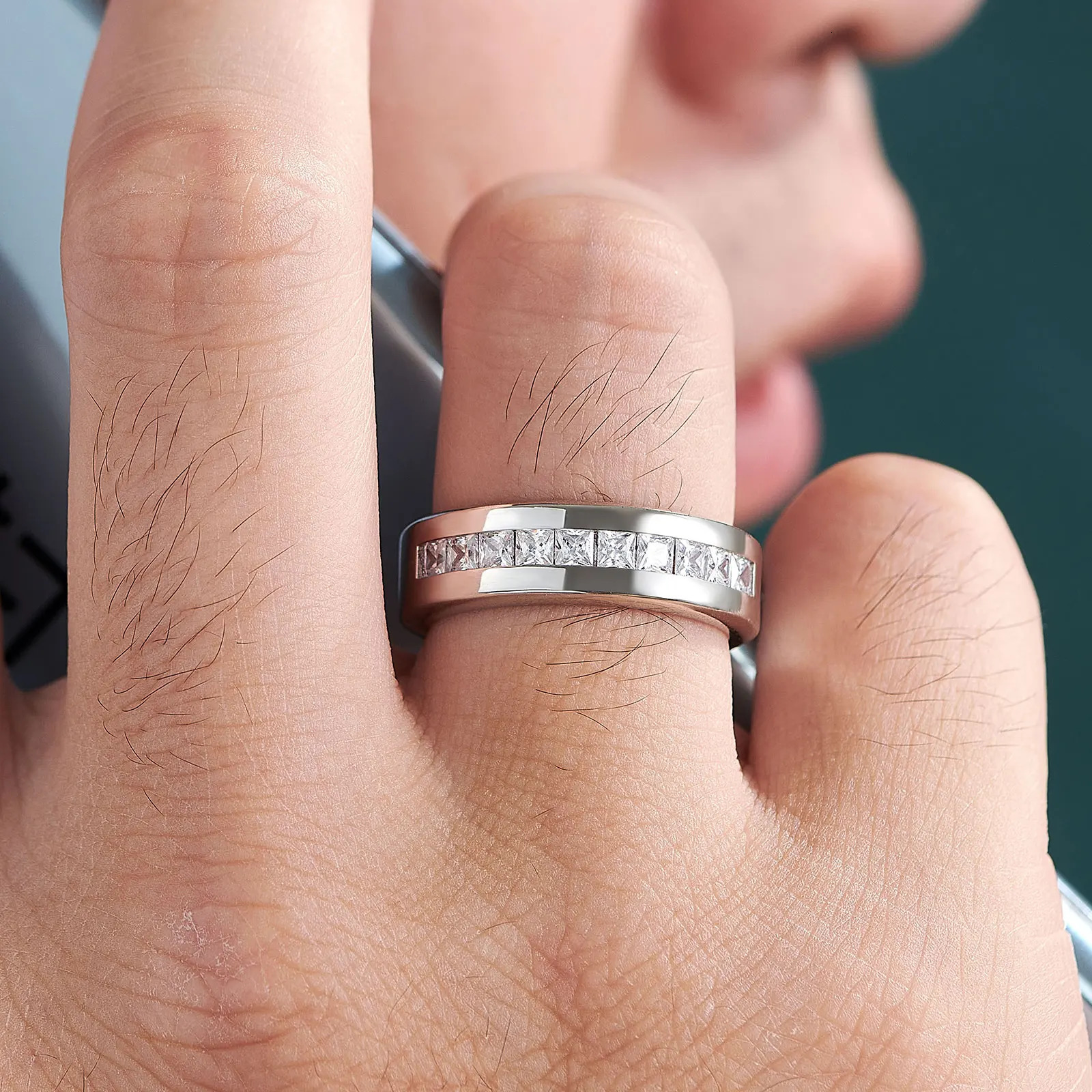 she 925 Sterling Silver Mens Wedding Band Half Princess Cut Lab Created Diamond Ring Jewelry 250522