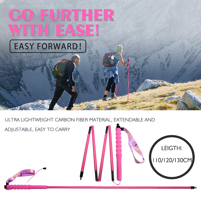 OKHEALING Hiking Pole Folding Telescopic Carbon Fiber Outer Lock Ultra-light Five-section Stick Off-road Pink Hiking Cane Walking Stick