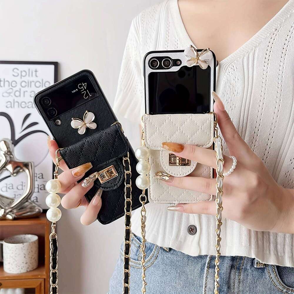 Fashion Leather Folding Phone Butterfly Accessory for Samsung Galaxy Z Flip 6 5 4 3 Girls with Card Case Lanyard