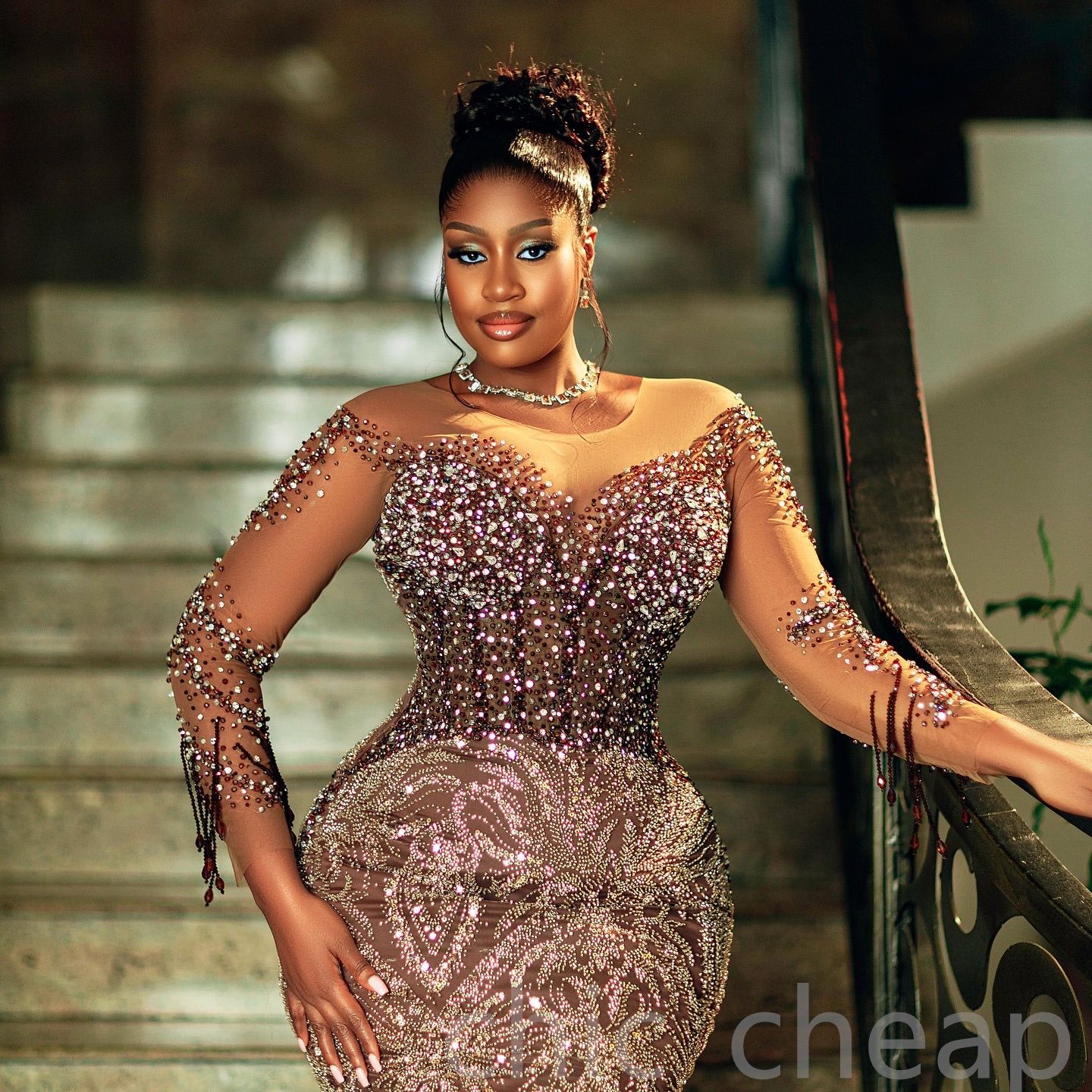 Brown Mermaid Prom Dresses 2025 Crystals Beaded Sequined Sheer Neck Evening Formal Party Second Birthday Engagement Gowns Plus Size Dress For Special 