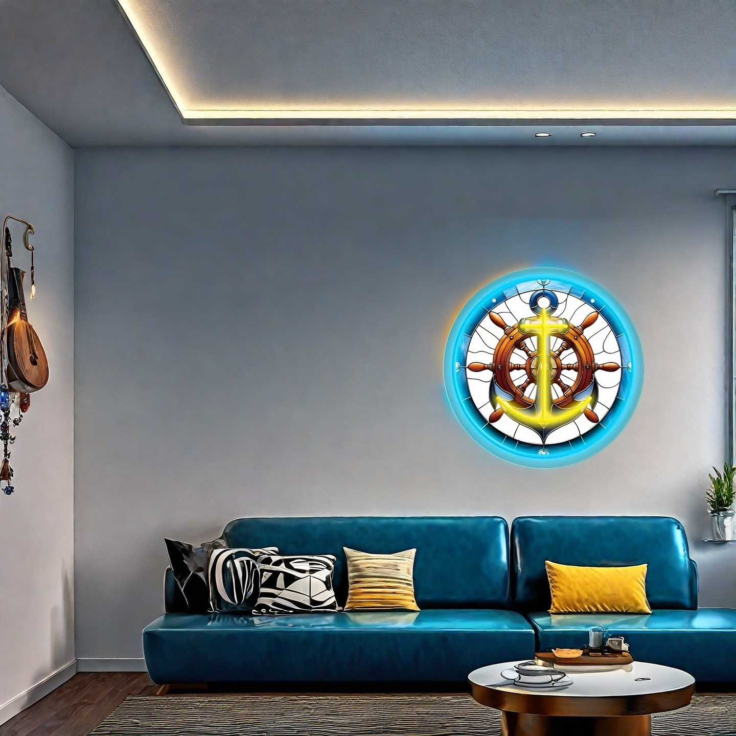 1pc Ocean Rudder LED Neon Light Wall Decor - USB-Powered Adjustable Brightness, UV Printed Underwater Theme with Nautical Wood Texture