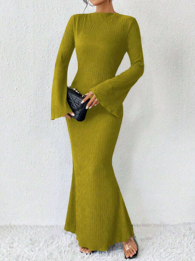 Halter Whit Maxi Dresses New Autumn And Winter Style Women S Fashionable Round Neck Long Sleeved Slim Fit Hip Hugging Dress Prom Sexy Dress