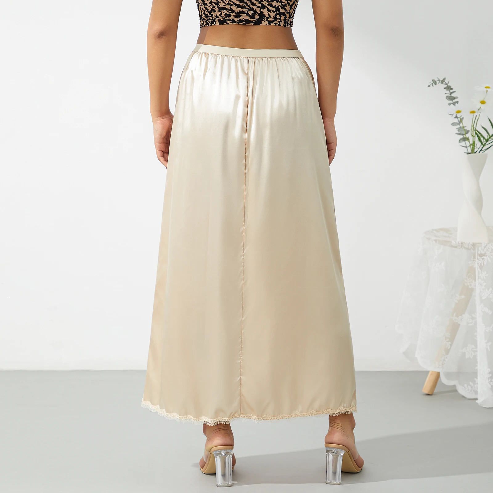 Elastic Waist Inner Lining Midi Skirt Women Solid Color Satin Half Slip Underskirt Long for Ladies WhiteBlackYellow 250513Z