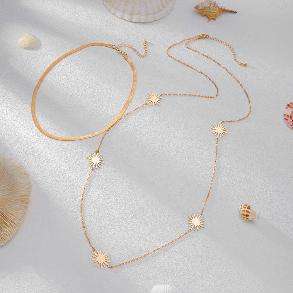 Solar Motif Serpentine Inspired Necklace Set Adjustable Long line Clavicle Chain with Geometric Metal Accents Gold and White K
