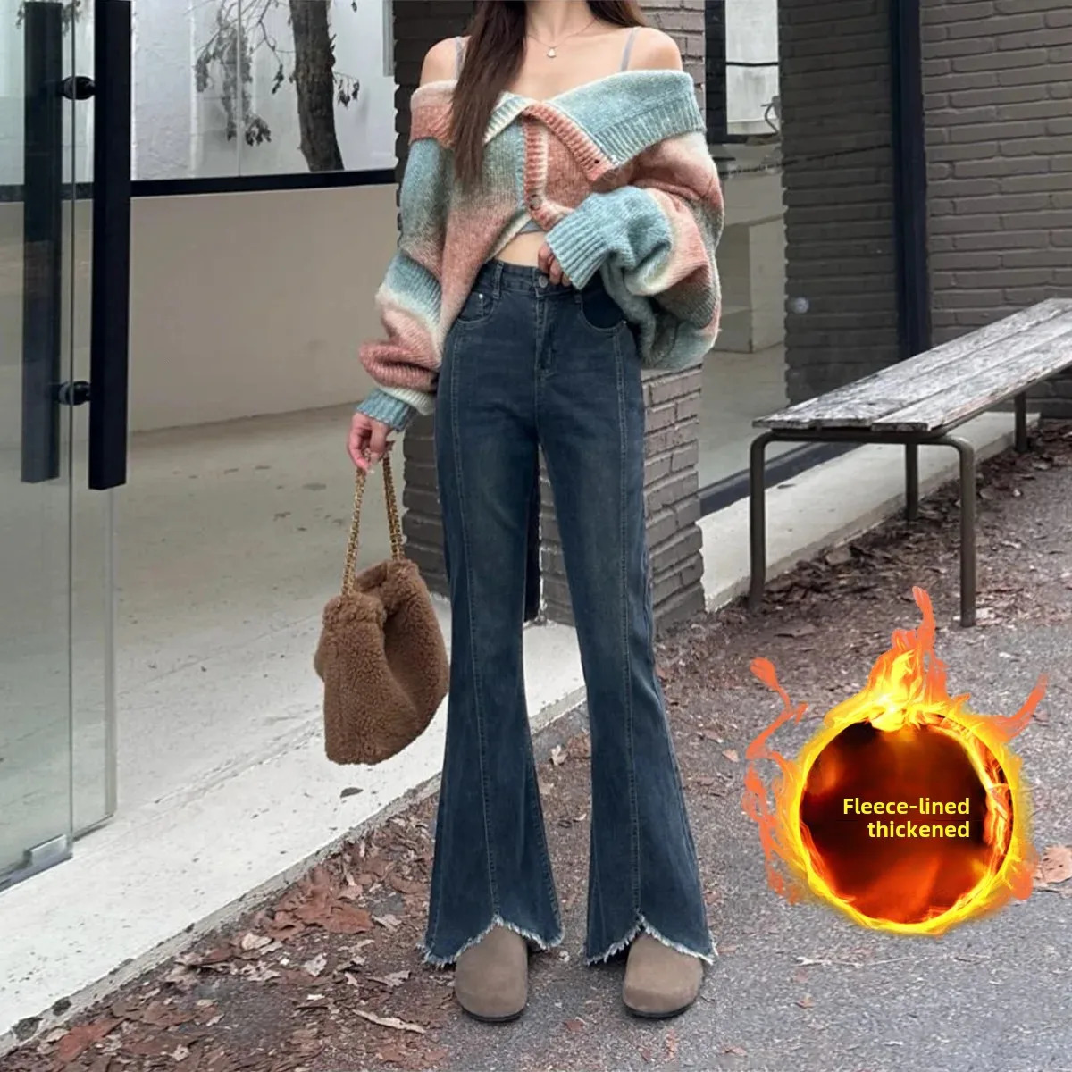 Plus Size High Waist Fleece Lined Flared Jeans n Sensation Slimming Wide Leg Pants plus Denim Trousers 250523