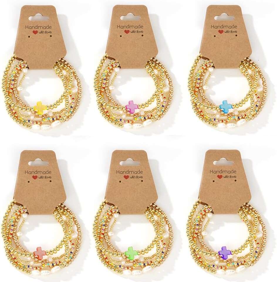14K Gold Plated Pearl Beaded Cross Bracelets Stack Set for Women,Stretch Boho Colorful Christian Beads Ball Jewelry Friendship Summer Trendy Gift