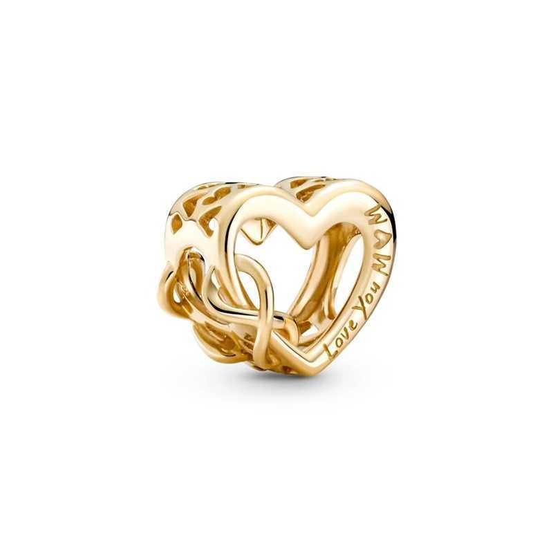 Authentic Fine Golden Pendant Eternal Heart-Shaped Charm Beads Fit Original European 925 Silver Bracelet DIY Women Jewelry GiftsXJ250523