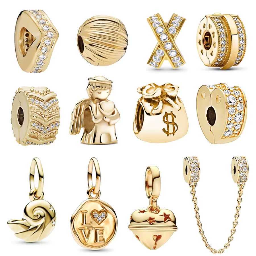 NEW DIY Jewelry Gold Plated Crown Purse Shell Dangle Charm Pav Clips Safety Chain Beads Fit Original Silver 925 BraceletXJ250523