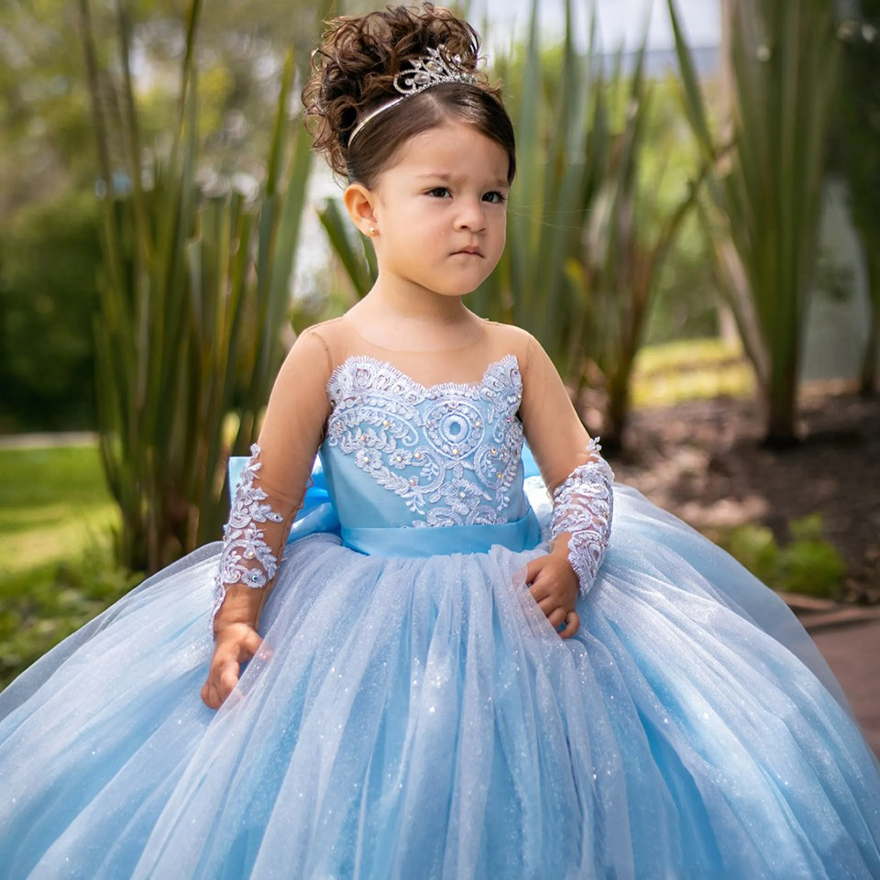2025 Luxurious Blue Flower Girl Dresses Children Birthday Dress Illusion Sheer Neck Long Sleeves Appliqued Beaded Lace Bow Tiered Tulle Ball Gown For 