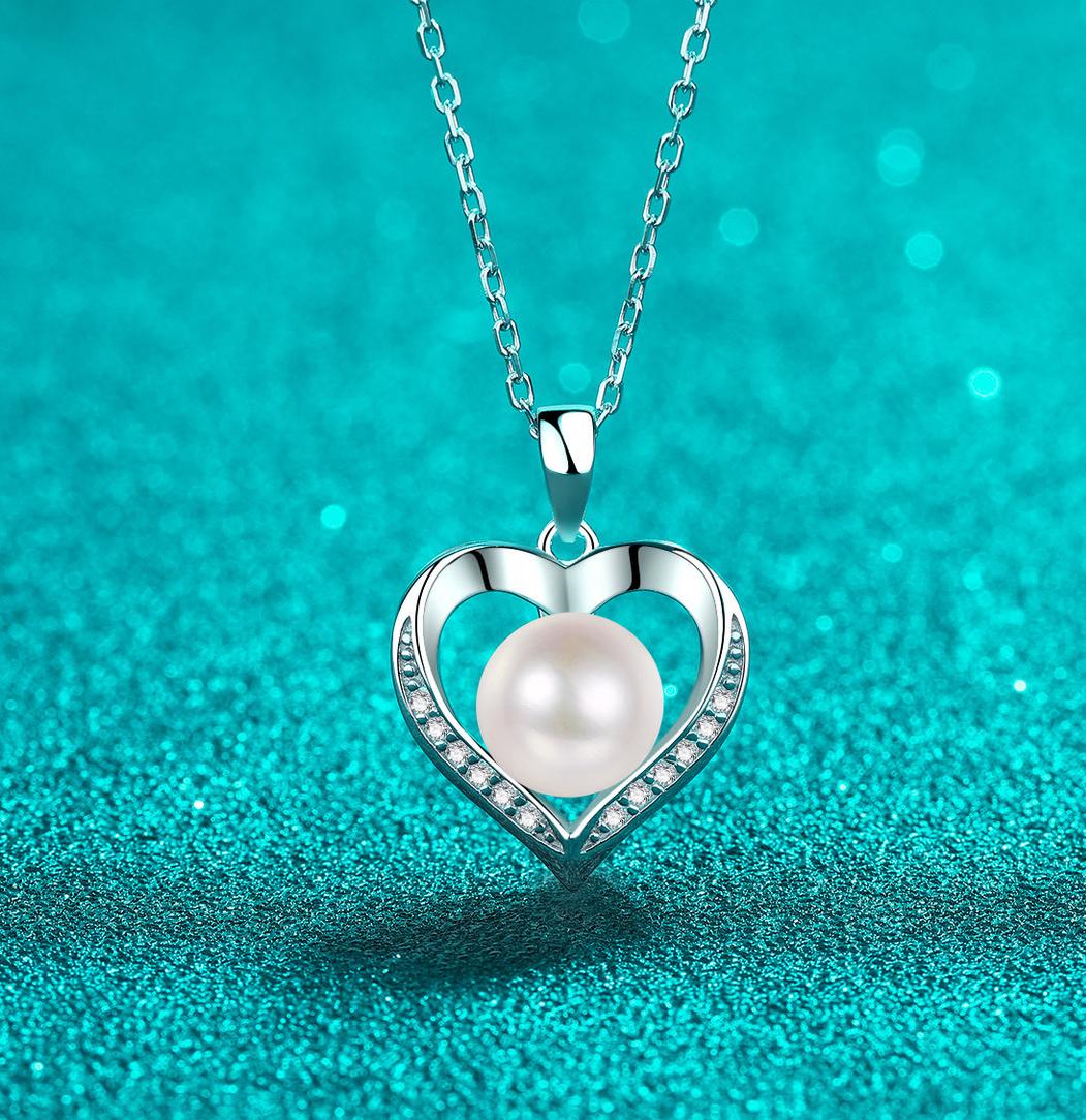 925 Sterling Silver Heart Necklace with Freshwater Pearl & Moissanite Stones, Elegant Gift for Women