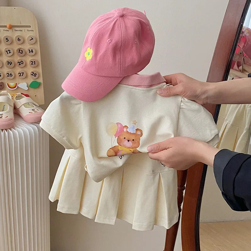 Childrens Clothing Sets 2023 Kids Clothes Girls Bear Print Lapel Tshirt Pleated Skirt 2pcs Girl Baby Outfit Set 250517z