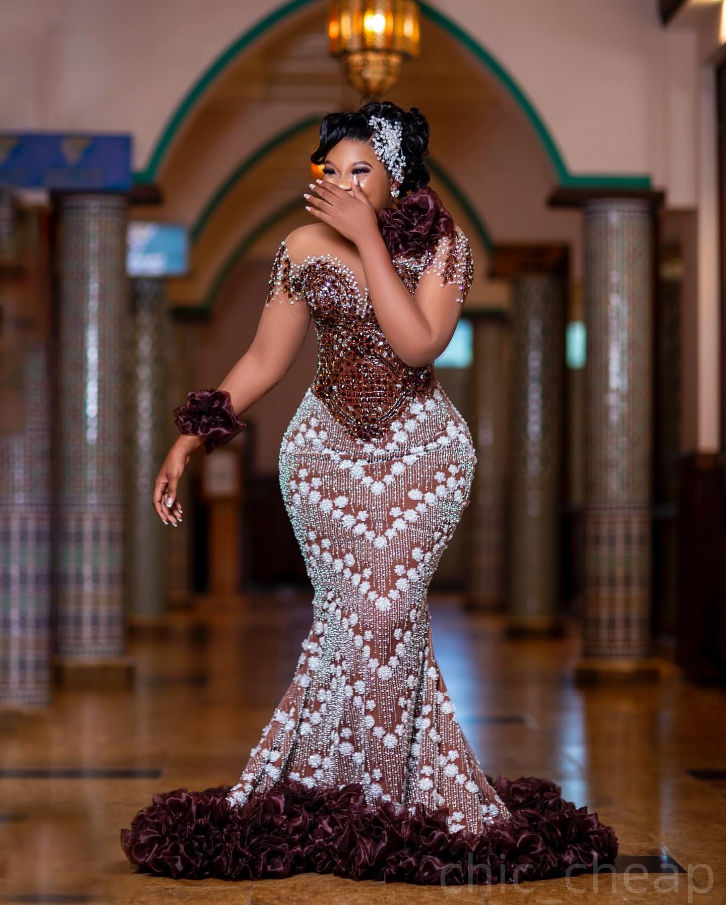 Brown Mermaid Prom Dresses 2025 Crystals Sequined Full Sleeves Evening Formal Party Second Birthday Engagement Gowns Plus Size Dress For Special Occas