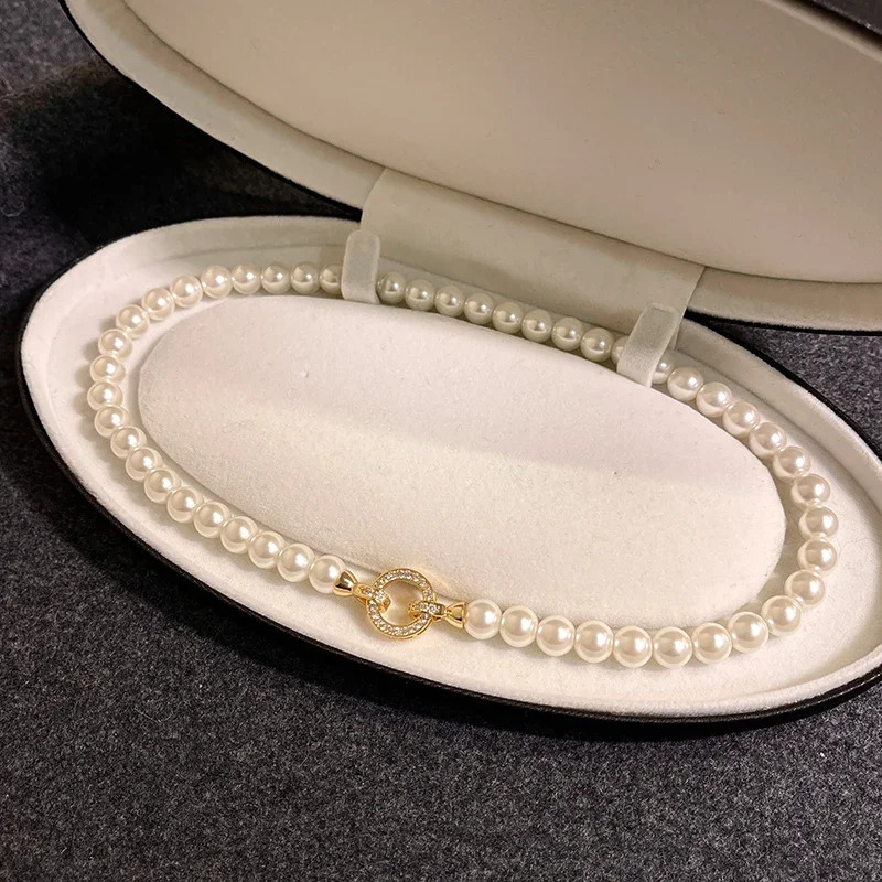 French Elegant Micro Set Zircon Round Buckle Pearl Beaded Necklace For Womens Temperament Jewelry Sweet Accessories 250519